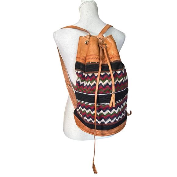 VINTAGE BACKPACK HAND WOVEN WOOL KILIM TOOLED LEATHER SLING PURSE TOTE BAG - Picture 1 of 11